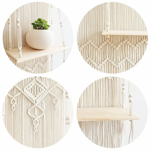 Handmade White Cotton Rope Macramé Wall Hanging <b>Shelves</b> with <b>Pine</b> Wood Multiple Tier Decorative Storage <b>Shelf</b> for Home Décor - Product Image 3