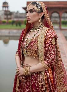 Burgundy Bridal <b>Lehenga</b> Set Floor-Length Traditional Heavy Embroidered A-Line Silhouette Wedding Blouse Dupatta Net Party Outfit - Product Image 4