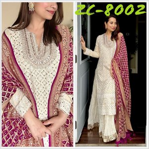 ชุดสัลวาร์ คามีซ ดีไซน์ใหม่สไตล์ดั้งเดิมสำหรับงานปาร์ตี้ ปักเลื่อมแบบ WOR ความยาวปกติ คอทรงกลม แขนยาว 20 นิ้ว - Product Image 3