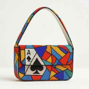 Sac de rangement de luxe en perles, motif As de Pique, sac à bandoulière brodé coloré pour femme, accessoire de soirée - Product Image 1