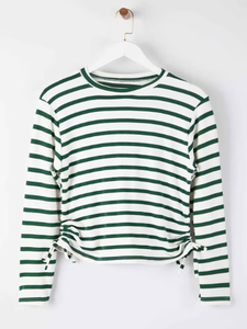 Camiseta de Manga Larga para Niña, Rayas Verdes y Blancas, Cuello Redondo, Corte Regular, Dobladillo con Cordón, Tela Suave y Transpirable, Estilo Casual, Bangladesh - Product Image 2