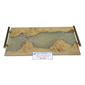 Handmade Wooden Serving Tray With Resin Ocean Wave Design Rectangle Modern Style For Living Room Tableware <b>Storage</b> Holder - Product Image 5