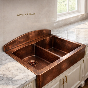 Évier de cuisine Daystar Trade en cuivre martelé fait main, double bac, quatre trous, à encastrer, surface brossée, facile à nettoyer - Product Image 2
