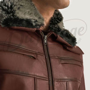 Veste en cuir véritable marron de qualité supérieure pour homme avec col en fausse fourrure grise, coupe ajustée, veste d'hiver rembourrée, manteau bomber - Product Image 4