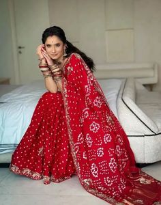 Ankita Lokhande Inspired <b>Red</b> Bandhani <b>Saree</b> – Pure Georgette Silk with Heavy Gota Patti Border & Handcrafted Embroidery - Product Image 2