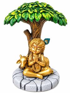 Estatua de Krishna Bajo el Árbol, Acabado Dorado, Escultura de Sobremesa, Decoración Religiosa para el Hogar, Regalo - Product Image 1