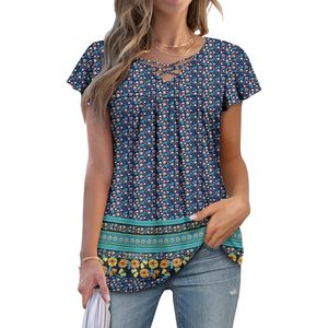 2025 femmes grande taille XL tunique haut chemisier décontracté col en V à manches courtes dentelle décoration haute qualité Dense bleu été chemise - Product Image 4