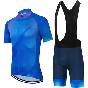 Ensemble de maillot de cyclisme bleu dégradé à manches courtes avec dos blanc et short bleu marine pour hommes et femmes - Product Image 5