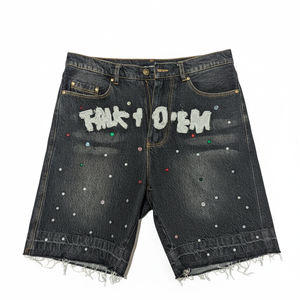 Shorts Bermuda Marron pour Homme Brodés Talk To Em Pailletés Style Urbain Taille Mi-Haute en Toile de Coton à Ourlet Effiloché - Product Image 5
