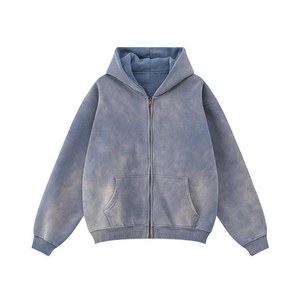 Fabricants OEM de streetwear : Sweat à capuche bleu ciel en coton surdimensionné en molleton bouclette, avec impression DTG, effet vieilli, vintage, zippé et délavé à l'acide - Product Image 3
