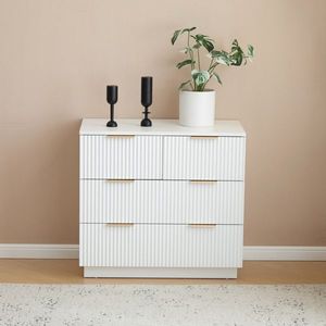 Comodino a Tre Livelli con Quattro Cassetti, Ante con Motivo Ondulato, Bianco, in Particelle P2 e Pannello a Densità Media - Product Image 1