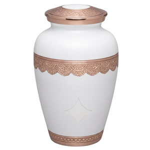 Urne funéraire personnalisable en alliage pour adulte avec bande gravée, finition or et blanc clair, urnes funéraires métalliques pour cendres humaines - Product Image 1