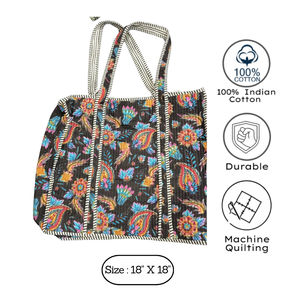 Colorful Quilted Cotton Tote <b>Bag</b> Premium Jaipur Hand Block Print Fashion Handbag Zipper Closure Durable Export Grade Stich - Product Image 3