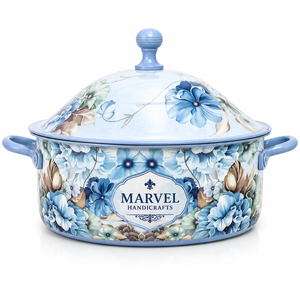 หม้อสแตนเลสเก็บความร้อนลายดอกไม้สีน้ำเงินจาก Marvel Handicrafts พร้อมฝาปิด สำหรับอุ่นอาหารในช่วงเทศกาลอีดและรอมฎอน - Product Image 1