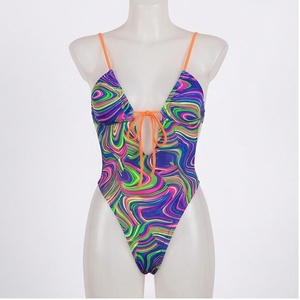 Women's One Piece Swimsuit Deep V Neck Halter Lace Up Print Stretch Bodysuit With Drawstring Design - Product Image 3
