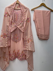 Elegant Peach Embroidered Summer/Spring Winter Party Pakistani Suit Set Organza Dupatta | Designer Sequins Work Kurta Palazzo - Product Image 1