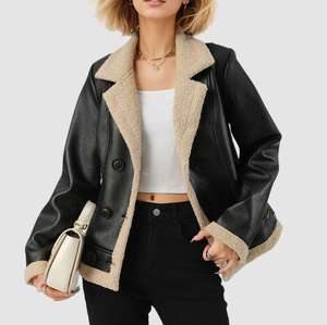 Vestes en cuir PU vintage pour femmes, grandes tailles, col à revers, manches longues, vestes en cuir rembourrées, veste bomber rétro coupe-vent - Product Image 2