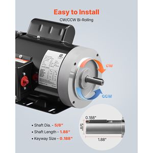 Motore Elettrico 1 HP 1725 RPM 60Hz per Compressore d'Aria, Rotazione CW/CCW, Diametro Albero 5/8 Pollici, Lunghezza Albero 1,88 Pollici, Coppia 4,1 N.m - Product Image 4