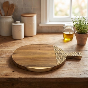 Food Grade Suar Wood Cutting <b>Board</b> With Elegant <b>White</b> Bamboo Inlay <b>Large</b> Round Light Brown For The Kitchen And Everyday Home Use - Product Image 4