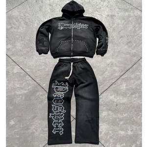 ชุดเซ็ตฮู้ดดี้สองชิ้นผ้าฝ้ายเฟรนช์เทอร์รี่เนื้อหนาสำหรับผู้ชาย สไตล์วินเทจแบบสั่งทำพิเศษ ล้างสีซีดแบบซันเฟด ประดับด้วยคริสตัล ทรงโอเวอร์ไซส์ - Product Image 1