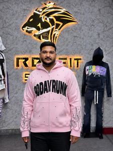 Sweat à capuche rose pour homme avec imprimé, fermeture éclair, style streetwear, coupe ample, manches classiques, tissu French Terry, prix raisonnable - Product Image 1