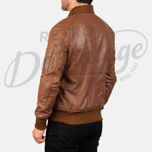 Chaqueta de Cuero Marrón Personalizada para Hombre, Estilo Bomber, con Detalle de Acolchado de Diamantes, Chaqueta de Piloto MA-1, Corte Ajustado, Cuero de Oveja Auténtico - Product Image 4
