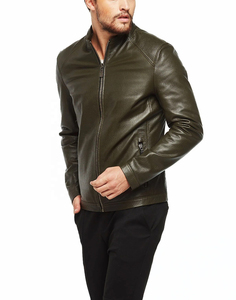 Blouson moto homme en cuir PU vert olive, col montant, fermeture éclair, coupe ajustée, manches classiques, couleur unie, pour l'automne - Product Image 2