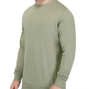 Men's Olive Green Crew Neck Pullover Sweatshirt Regular Fit Solid Color Knitted Cotton Casual Autumn Wear - Product Image 2
