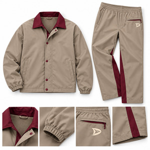 Chándal de calentamiento color caqui y burdeos para hombre, con chaqueta de cuello plegado con cremallera y botones a presión, y pantalones con raya en el dobladillo. Traje de viaje con cuello burdeos. - Product Image 6