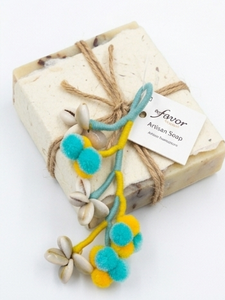Artisan <b>Soap</b> Bar <b>With</b> Turquoise And Yellow Tassel Decorative String Wrap Natural Ingredients Handmade Gift - Product Image 1
