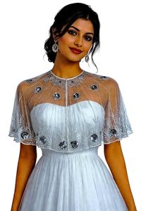 Cape en résille blanche brodée pour femme, poncho élégant en maille transparente pour soirée, style ethnique. - Product Image 1