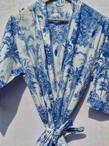 Women Blue Tropical Print Cotton <b>Kimono</b> Robe Boho Lightweight Bathrobe Summer <b>Kimono</b> <b>Beach</b> Cover Up Loungewear Robe - Product Image 2
