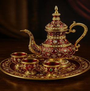 Service à thé floral en or poli avec thé chaud et en-cas. Service de thé de luxe. Disponible aux prix de gros. - Product Image 2