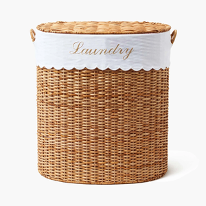 Tall <b>rectangular</b> woven <b>basket</b> laundry <b>basket</b> with an attached hinged lid and a gold-toned metal stand, available at wholesale. - Product Image 5