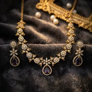 Conjunto de collar de latón con amatista y mehndi, con pendientes y anillo, joyería llamativa con diseño de gota de agua para mujer, ideal para fiestas. - Product Image 3