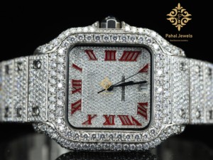 Pahal Jewels หรูหรา unisex คุณภาพสูงแซฟไฟร์คริสตัลเพชรล้อมสี่เหลี่ยมนาฬิกากลไกอัตโนมัติตัวเลขโรมันสีแดง - Product Image 1