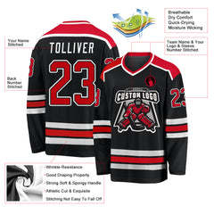Customized Men's Ice Hockey Uniform - Black <b>Red</b> White Stripe Hockey Jersey With Stitched Embroidered Custom Team Logo - Product Image 3