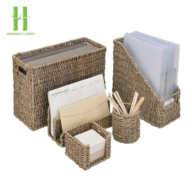 Wholesale HNH Craft Handmade Natural Seagrass Rectangle Modern Eco-Friendly Office Organizer Desk Accessories File Magazine