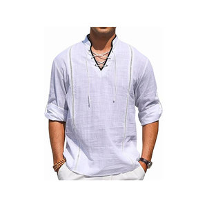 Men's Black Oversized Casual <b>Shirt</b> <b>Mandarin</b> <b>Collar</b> Full Sleeve Lace-Up Design Solid Color Autumn Top - Product Image 6