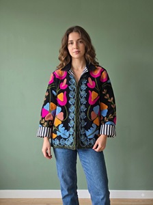 Blazer matelassé en velours tricoté brodé floral pour femme, manches longues, devant ouvert, style printemps-été-hiver, longueur standard, col montant - Product Image 5