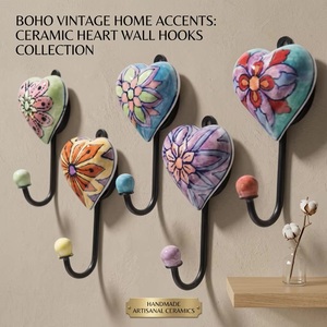 Ba Handmade Ceramic Heart Wall Hooks Floral Design Waterproof Eco-Friendly Vintage Self-adhesive Luxurious Decorative Hook Rails - Product Image 1