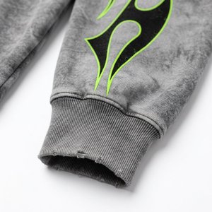 Ensemble de survêtement gris à capuche pour homme, 100 % coton épais et respirant, imprimé flamme noir et vert, streetwear, longueur intégrale avec cordon de serrage - Product Image 5