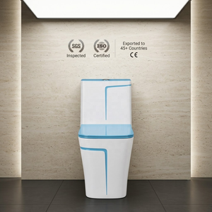 Inodoro Moderno de Una Pieza, Color Blanco con Línea Azul, Taza Redonda de Cerámica, Doble Descarga, Montaje en el Suelo - Product Image 5