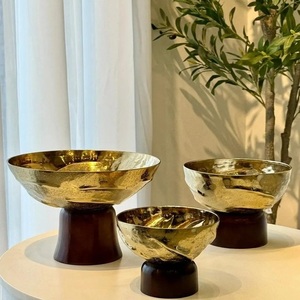 Newly Designer Collection Gold Finished Metal Bowl With Wooden Base Party Use Chocolate Candy <b>Nuts</b> Bowl - Product Image 1