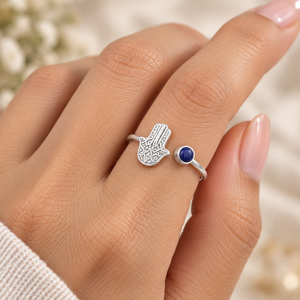 Natural <b>Lapis</b> <b>Lazuli</b> Hamsa <b>Ring</b> – 925 Sterling Silver Adjustable Hand of Fatima Open <b>Ring</b> - Product Image 5