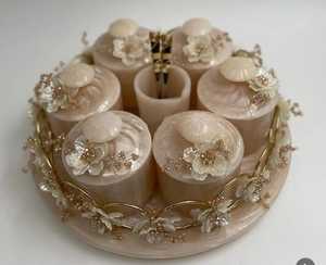 Round Acacia Wood 4 Compartment Rotating Spice Box with Glass Lid Gold Knob 2 Tier Desktop Makeup Jewelry Organizer - Product Image 5