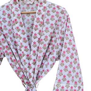 Bata Kimono de Algodón con Estampado Floral, Larga, Cuello Mandarín, Cierre con Cordón, Suave y Holgada, Ropa de Estar por Casa para Primavera - Product Image 2