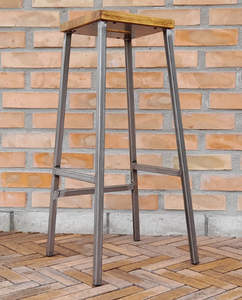 Tabouret de bar rond en bois de récupération, design traditionnel-moderne, structure en fer/métal, revêtement PU, 1 pièce, style farmhouse, pour salle à manger, bar à domicile, café, hôtel - Product Image 1