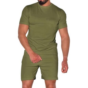 Ensemble T-shirt et short décontracté pour homme, bleu marine, col rond, couleur unie, respirant, en coton et élasthanne tricoté - Product Image 4