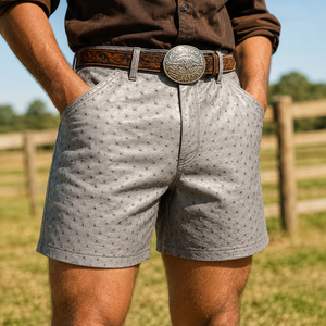 Shorts de motard de luxe pour homme en cuir d'autruche véritable gaufré, taille mi-haute - Vêtement en cuir exotique, cadeau pour lui - Product Image 1